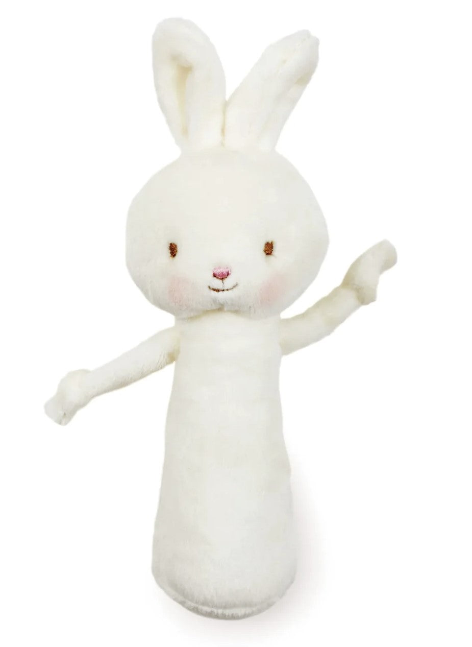 Perfect baby gift white bunny soft toy chime rattle from Bunnies by the Bay