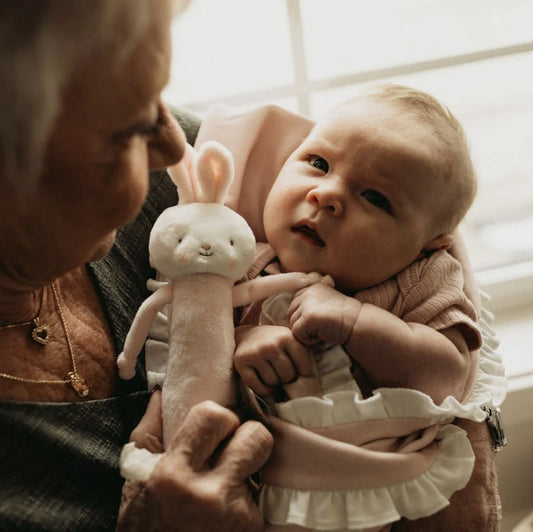 Pretty pink Chime bunny rattle from Bunnies by the Bay